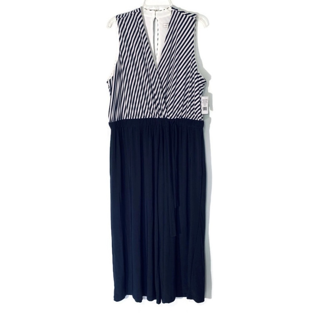 Sandra Darren Navy Blue Striped Cropped Jumpsuit Size XLarge